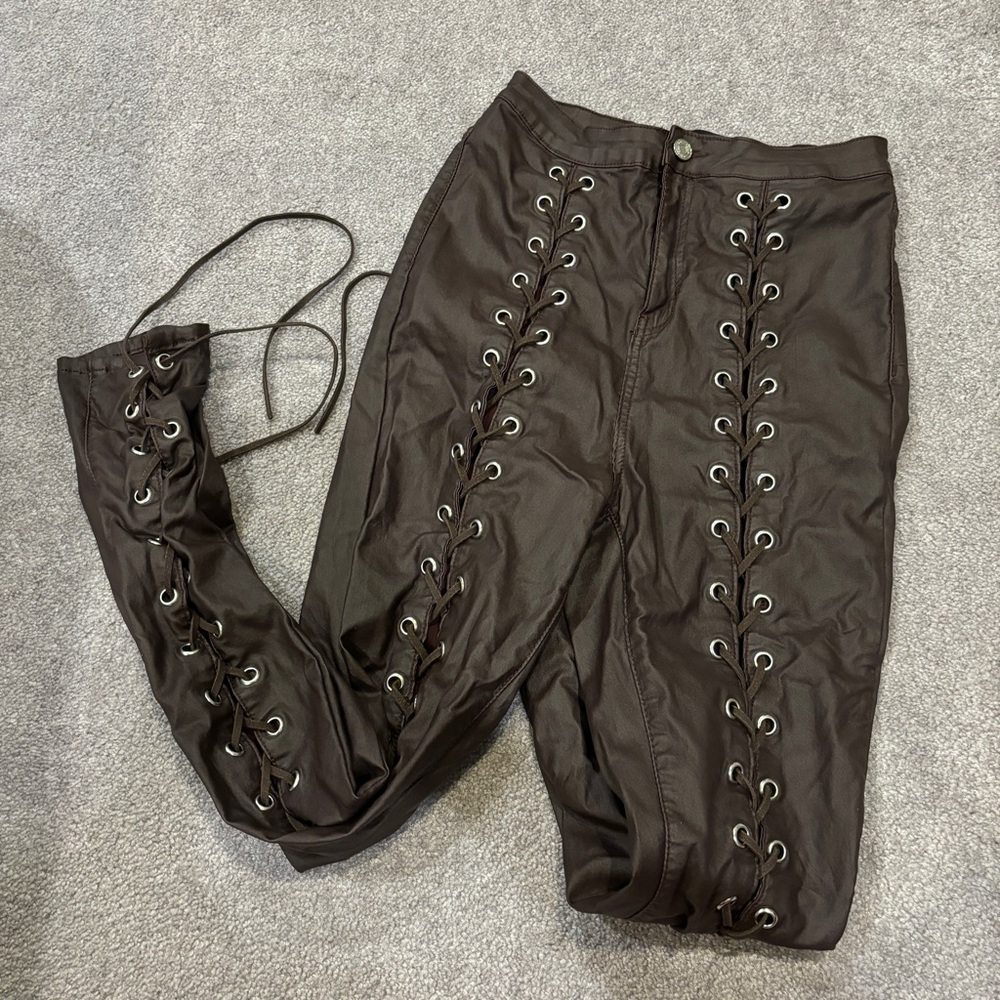 brown lace up leather pants